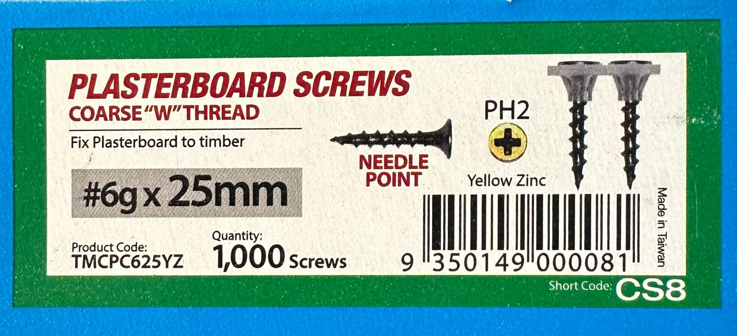 Screws 25mmx6g Collated Coarse Needle 1000 (TMCPC625YZ)