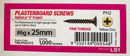 Screws 25mmx6g Loose Fine Needle 1000 (TMLPF625YZ)