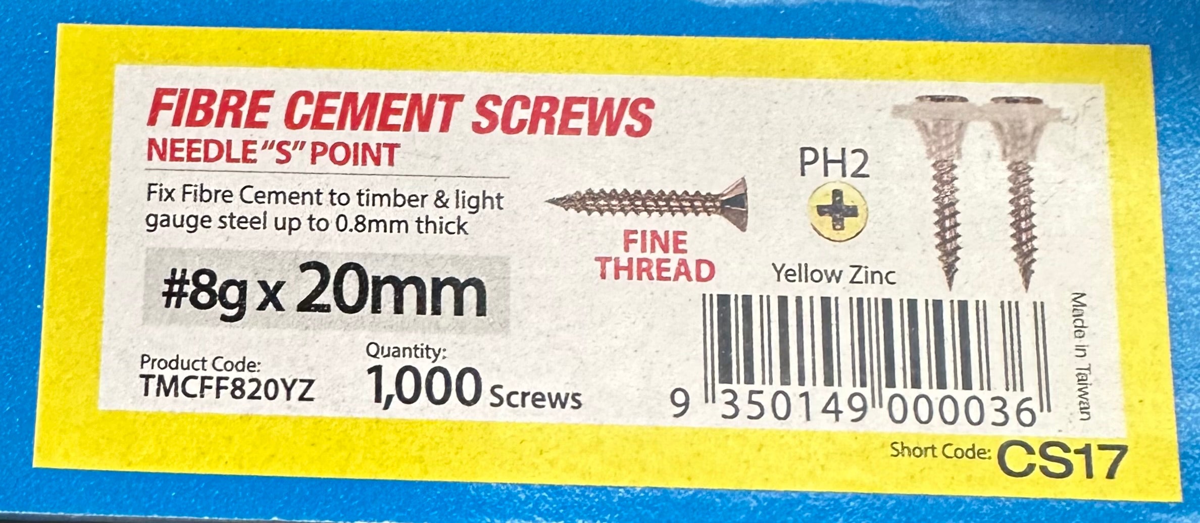 Screws 20mmx8g Collated Fibre Cement FN 1000 (TMCFF820YZ)