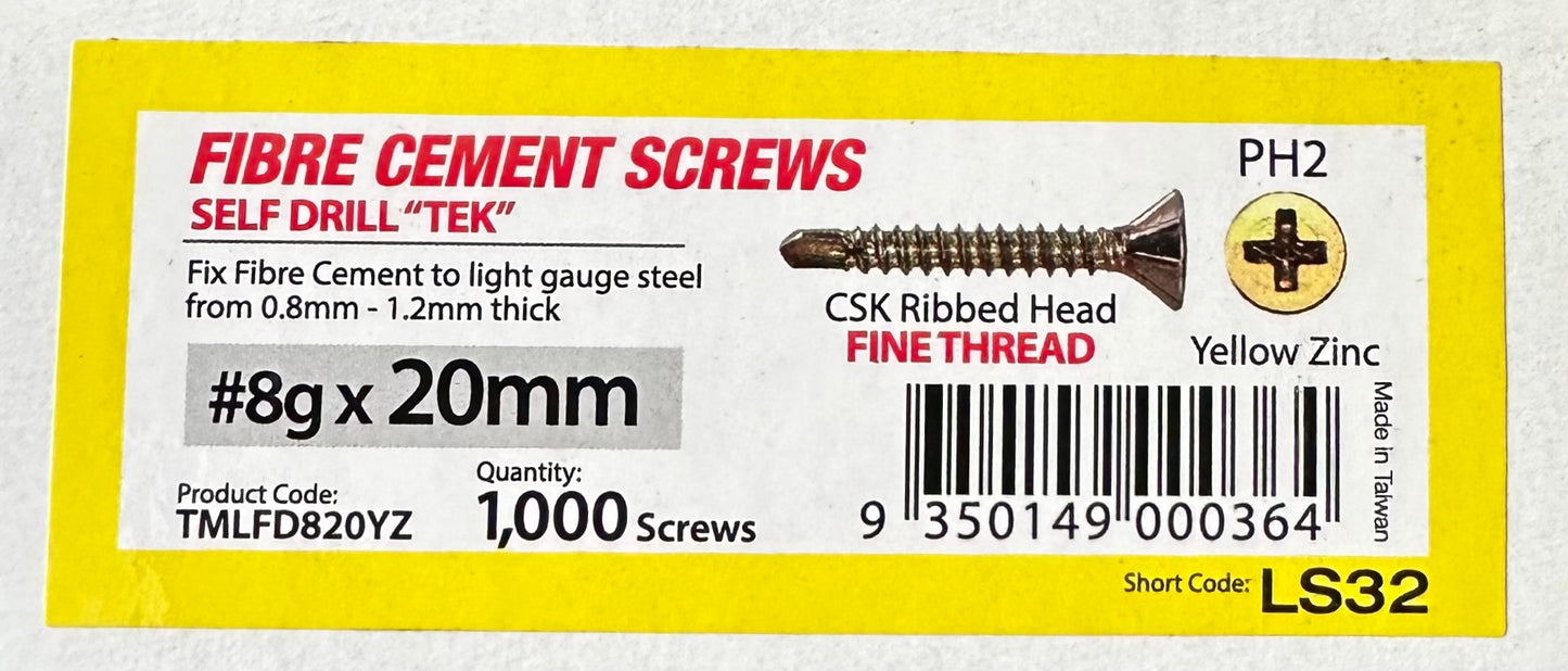 Screws 20mmx8g Loose Self Drill Fine CSK 1000 (TMLFD820YZ)